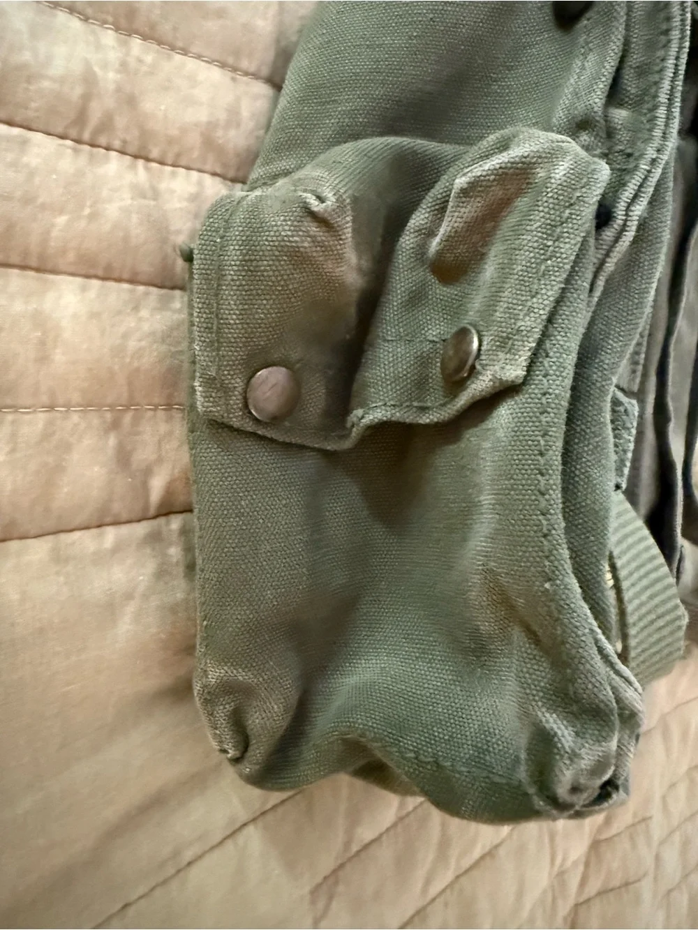 US Military Vintage M-17 Gas Mask Bag OG 107 w/ Boy Scout Belt and Brass Awards